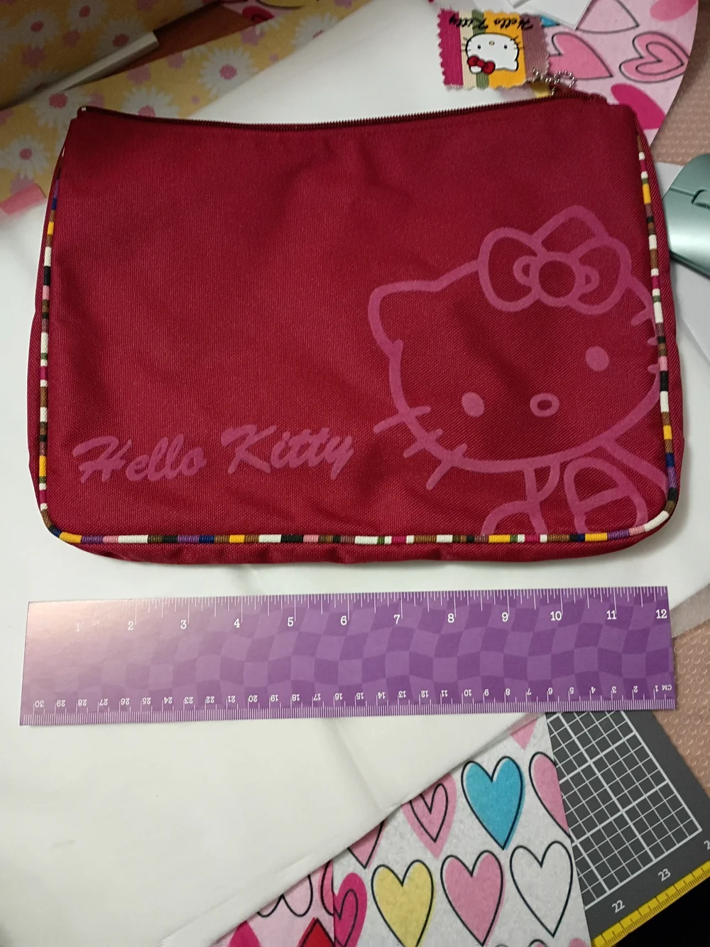 Hello Kitty Burgundy Red Zip Pouch with Multicolor Trim